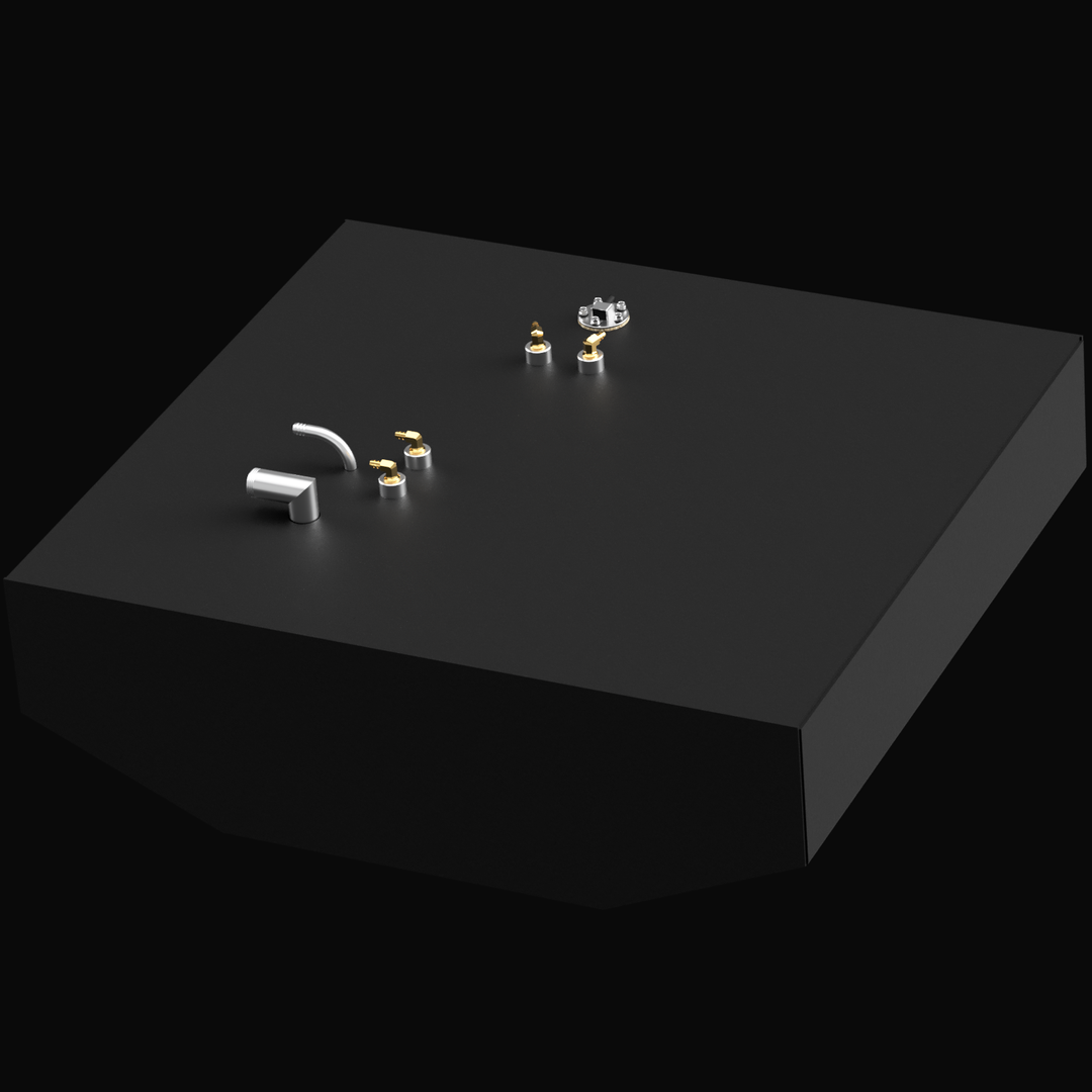 A 3D render showing an angled, top-down view of a dark grey boat fuel tank with multiple brass and silver-colored fittings, isolated against a black background.