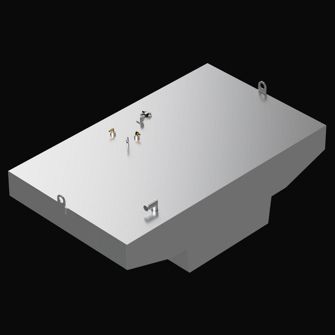 A 3D render of a light grey boat fuel tank with a complex, notched shape and various brass and silver-colored fittings, including two D-rings, visible on its top surface, against a black background.