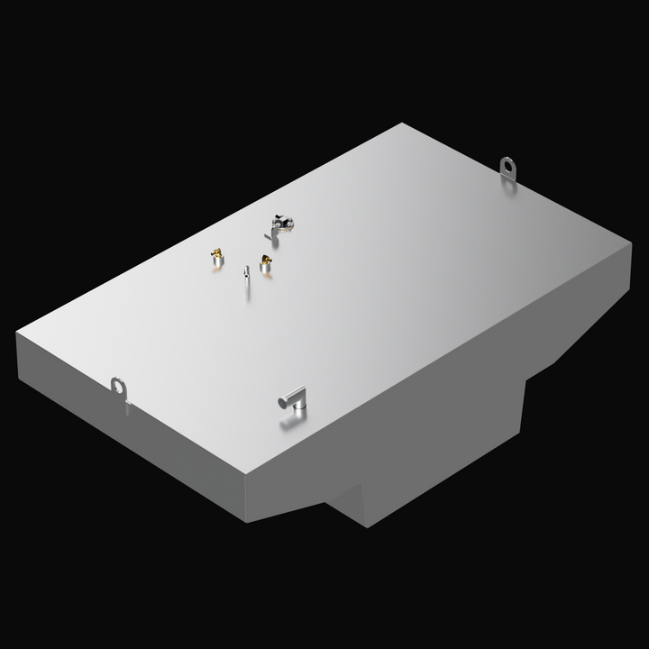 A 3D render of a light grey boat fuel tank with a complex, notched shape and various brass and silver-colored fittings, including two D-rings, visible on its top surface, against a black background.