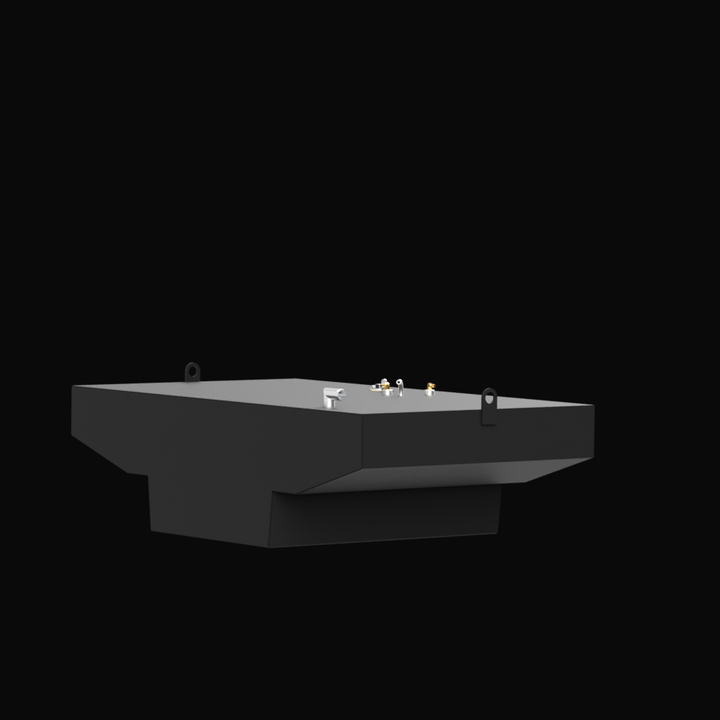 A 3D render showing a side profile of a dark grey boat fuel tank with a large rectangular step or notch on the underside. Various brass and silver-colored fittings and two D-rings are visible on the top surface, against a black background.