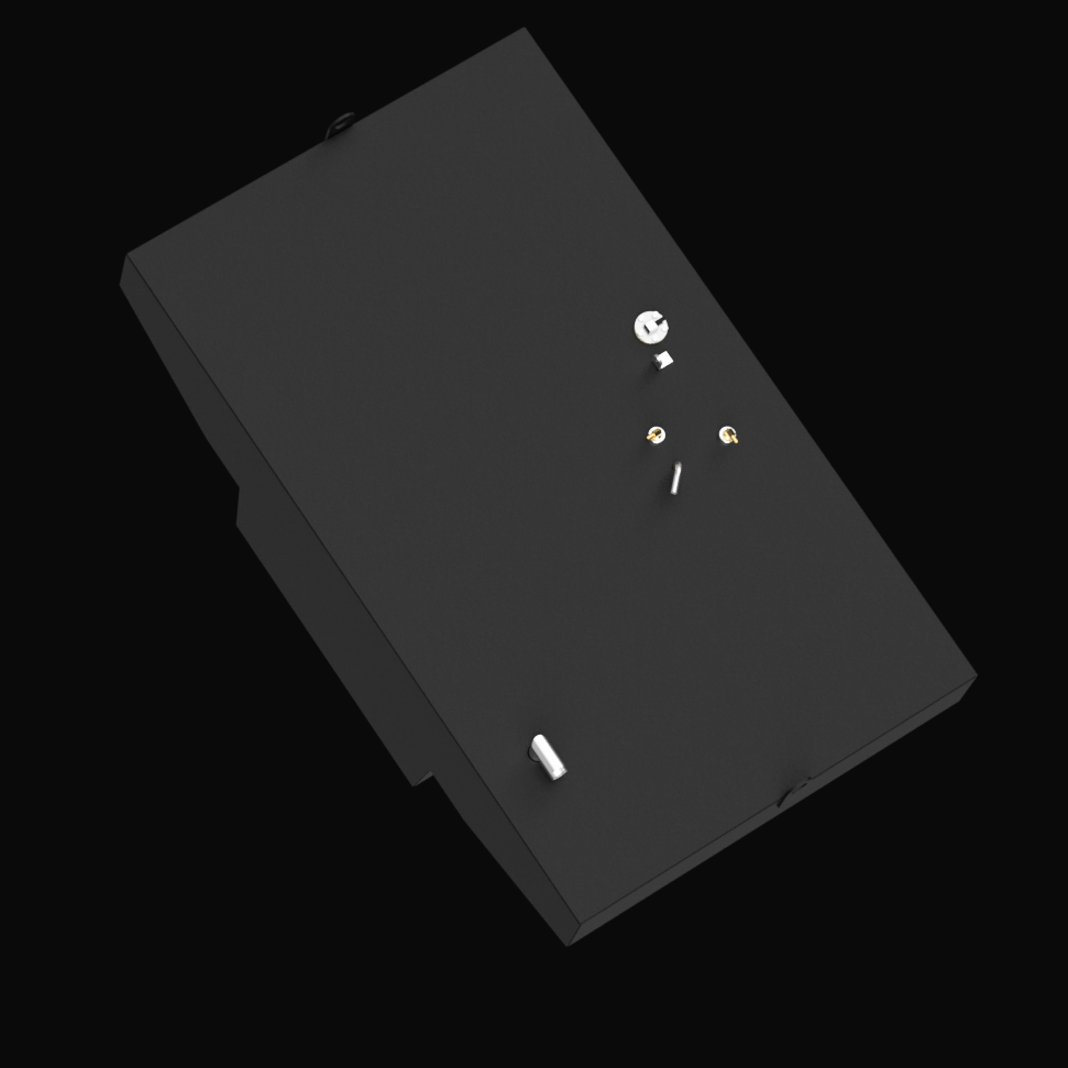 A 3D render showing an angled top-down view of a dark grey boat fuel tank with a complex, notched bottom design. Various silver and brass-colored fittings are scattered across its top surface, against a black background.