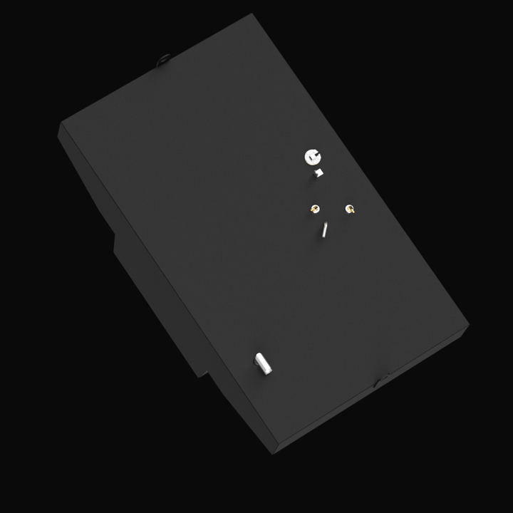 A 3D render showing an angled top-down view of a dark grey boat fuel tank with a complex, notched bottom design. Various silver and brass-colored fittings are scattered across its top surface, against a black background.