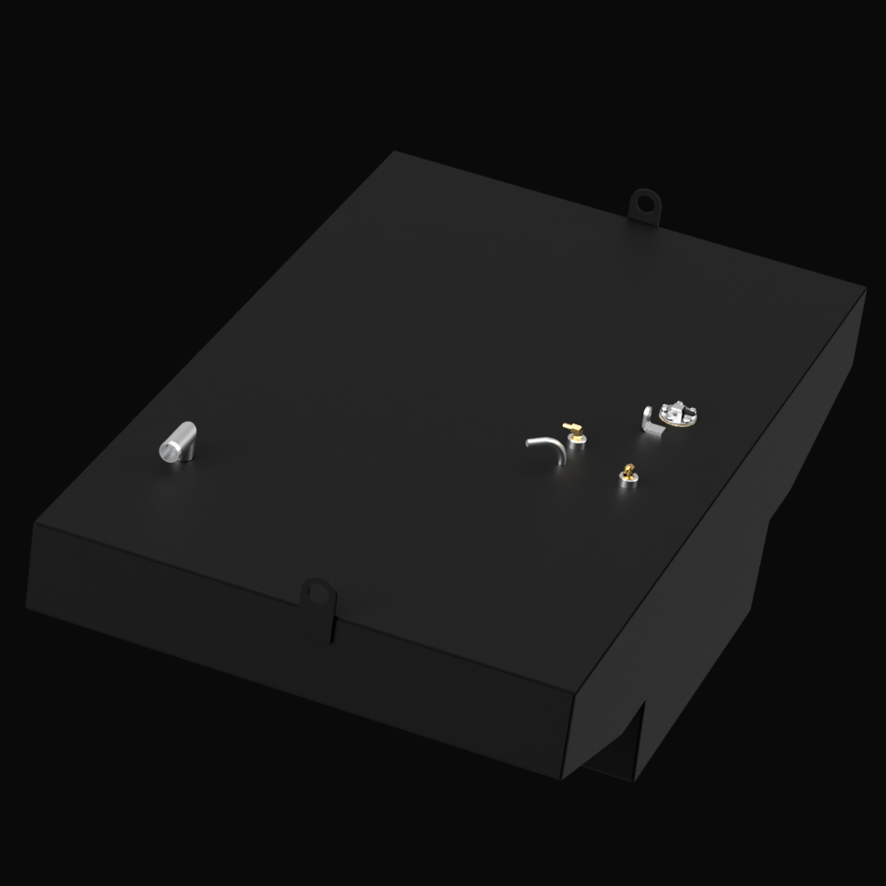 A 3D render of a dark grey boat fuel tank with a complex, notched bottom design. The top surface features various silver and brass-colored fittings and two D-rings (one at each end), against a black background.