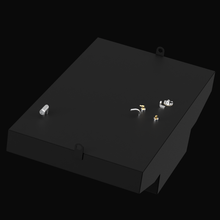 A 3D render of a dark grey boat fuel tank with a complex, notched bottom design. The top surface features various silver and brass-colored fittings and two D-rings (one at each end), against a black background.