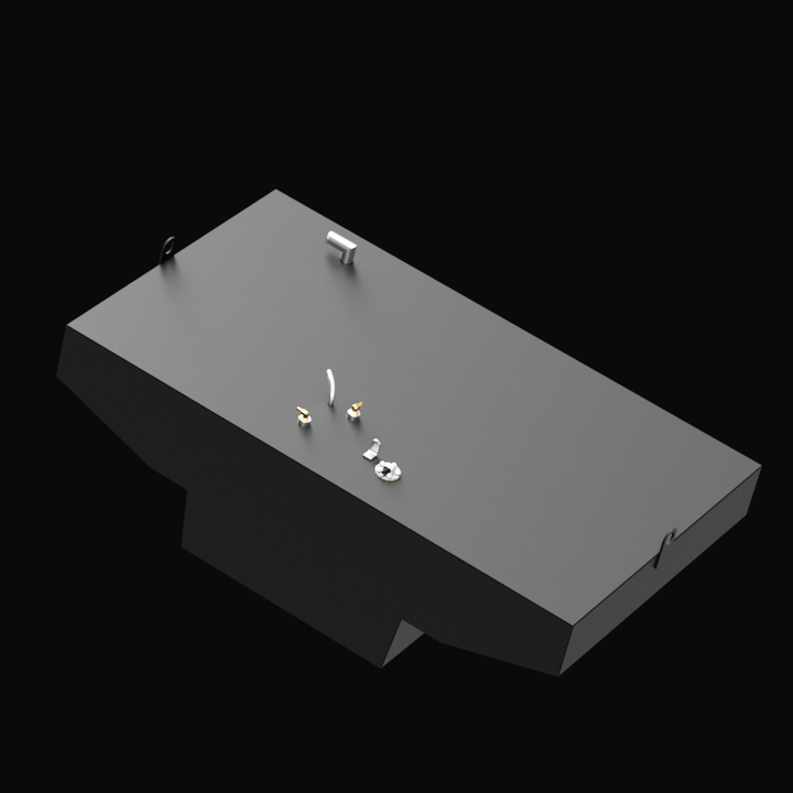 A 3D render of a dark grey boat fuel tank with a complex, notched shape and various brass and silver-colored fittings, including a D-ring at each end, visible on its top surface, against a black background.