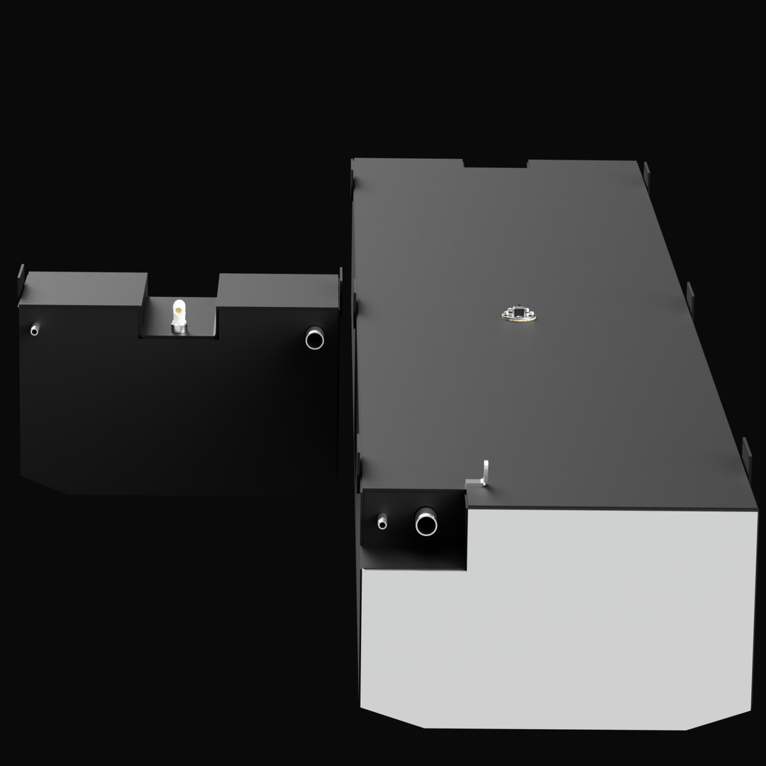 A 3D render of a two-part boat tank system (fuel and water tanks), shown side-by-side from a top-down angle. The dark grey tanks feature stepped designs and various fittings on their surfaces, against a black background.