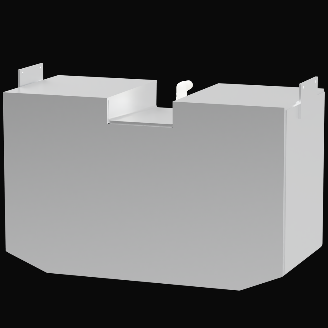 A 3D render of a light grey boat water tank with a stepped or notched top surface, a faceted bottom, and small mounting tabs. A white plastic elbow fitting is visible in the cutout, all against a black background.