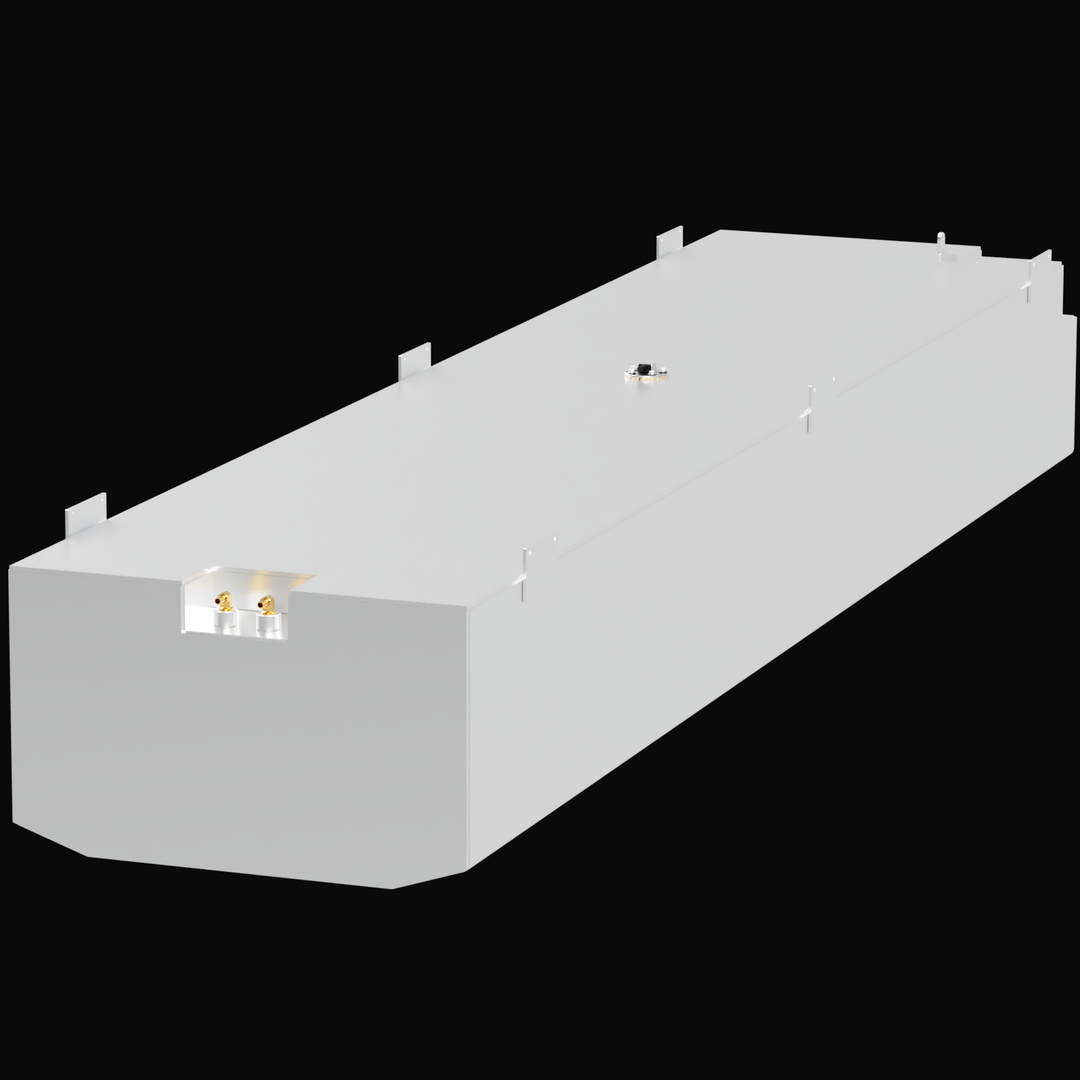 A 3D render of a long, rectangular, light grey boat fuel tank, shown at an angle. The tank features a recessed area on the front face containing two brass fittings, a circular fitting on the main top surface, and multiple small mounting tabs along the edges, against a black background.