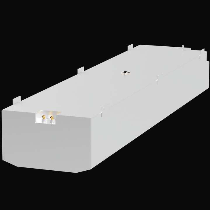 A 3D render of a long, rectangular, light grey boat fuel tank, shown at an angle. The tank features a recessed area on the front face containing two brass fittings, a circular fitting on the main top surface, and multiple small mounting tabs along the edges, against a black background.