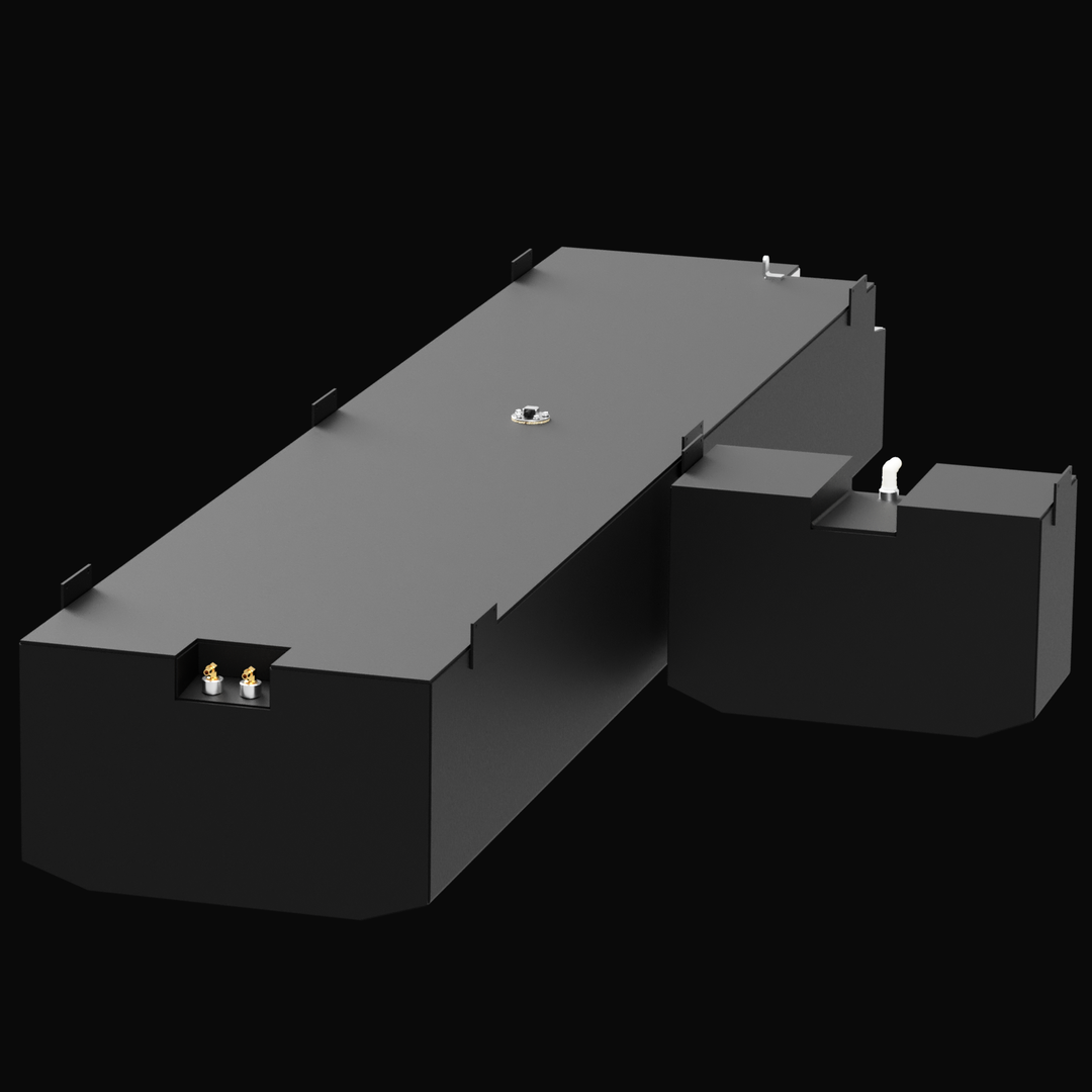 A 3D render of a dark grey boat fuel tank assembly with a stepped design, consisting of a long rectangular main body and an attached, smaller raised section. The tank has various silver and brass-colored fittings and mounting tabs on its top surface, against a black background.