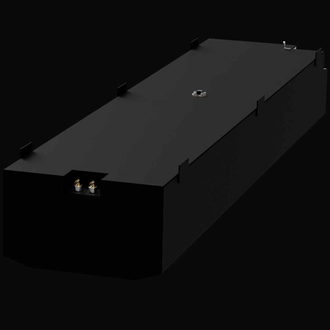 A 3D render of a long, rectangular, dark grey boat fuel tank, shown at an angle. The tank features a recessed area on the front face containing two brass fittings, a circular silver fitting on the main top surface, and multiple mounting tabs along the edges, against a black background.