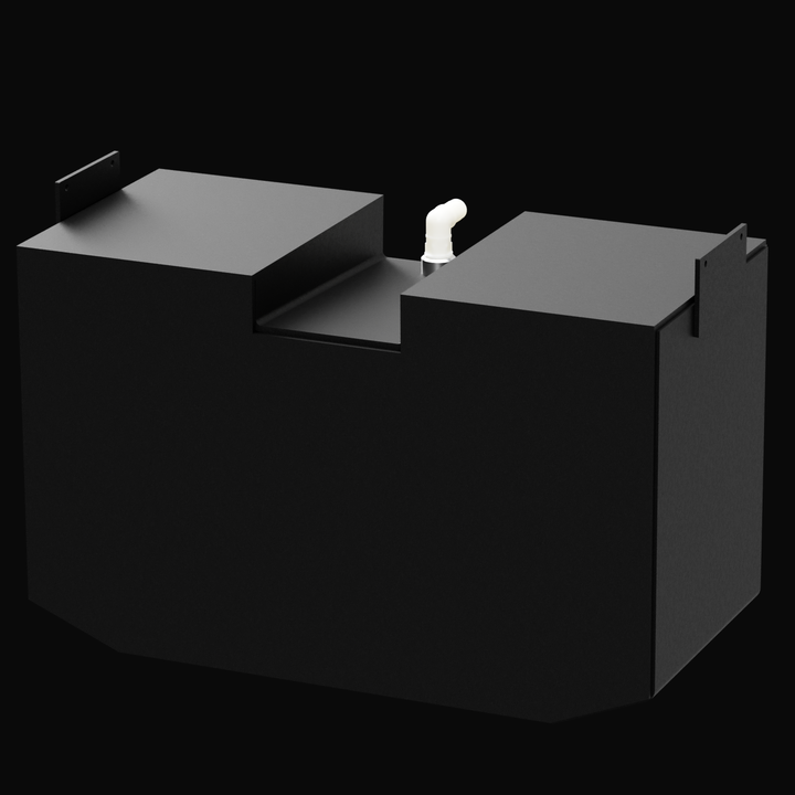 A 3D render of a dark grey boat water tank with a stepped or notched top design, a faceted bottom, and small mounting tabs. A white plastic elbow fitting is visible in the cutout, all against a black background.