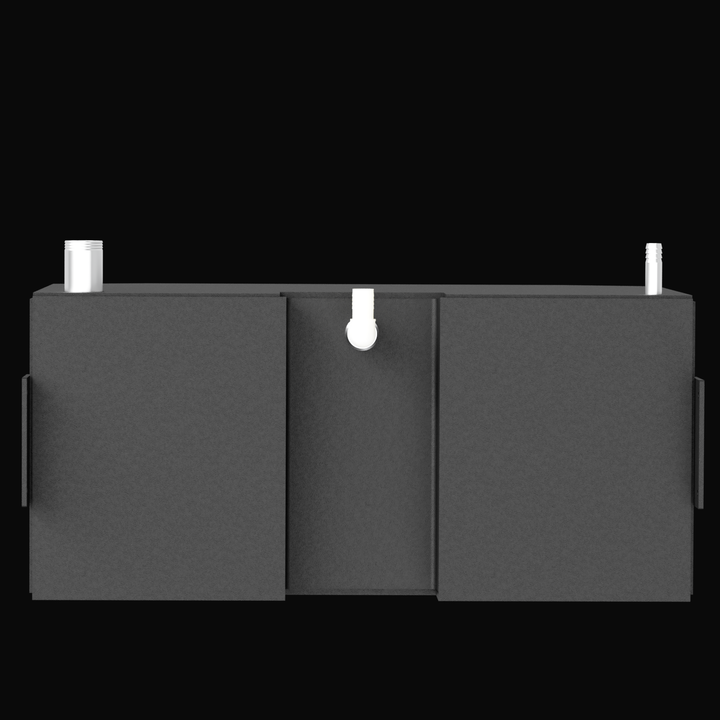 A 3D render showing a side profile of a dark grey boat fuel tank with a centered cutout section for a plumbing line and two white fittings rising from the top edge, against a black background.