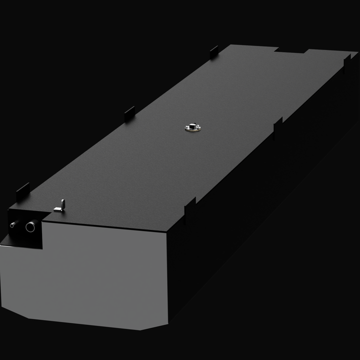 A 3D render of a long, dark grey boat fuel tank with a stepped-down section at one end, shown at an angle. The tank features a circular fitting, two smaller ports, and several mounting tabs on its top surface, against a black background.