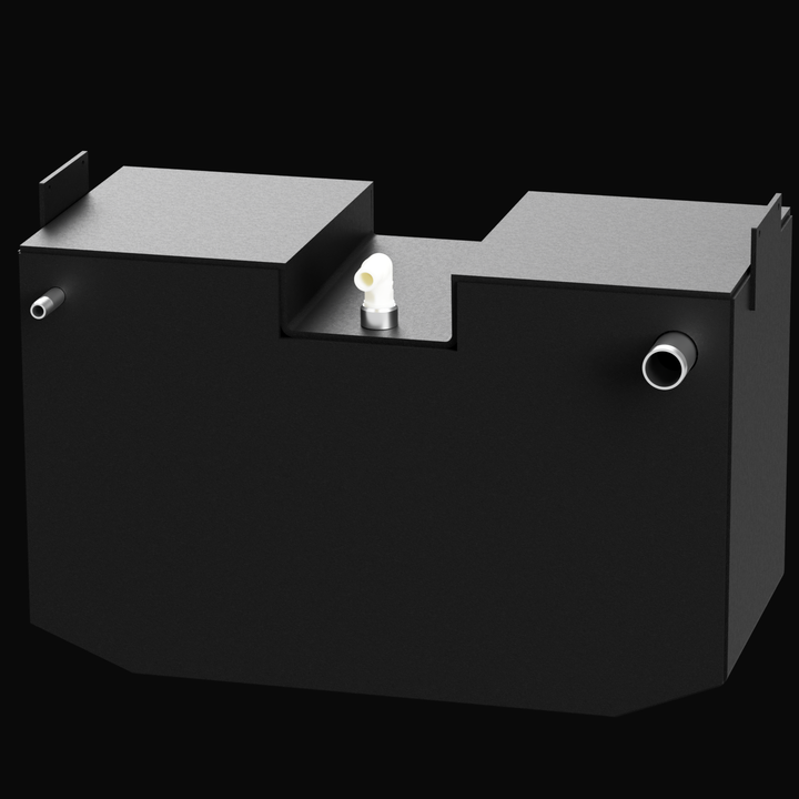 A 3D render of a dark grey boat water tank with a stepped or notched top design. The tank is shown at an angle, highlighting its white plastic fittings and mounting tabs, against a black background.
