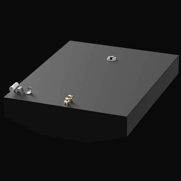 Isometric front-left view of a black 60-gallon marine fuel tank for the Boston Whaler Impact 21 (1999). The tank has a beveled front edge and features multiple fittings, including two brass elbow ports, three metallic fittings near the front corner, and a circular access port centered toward the rear.