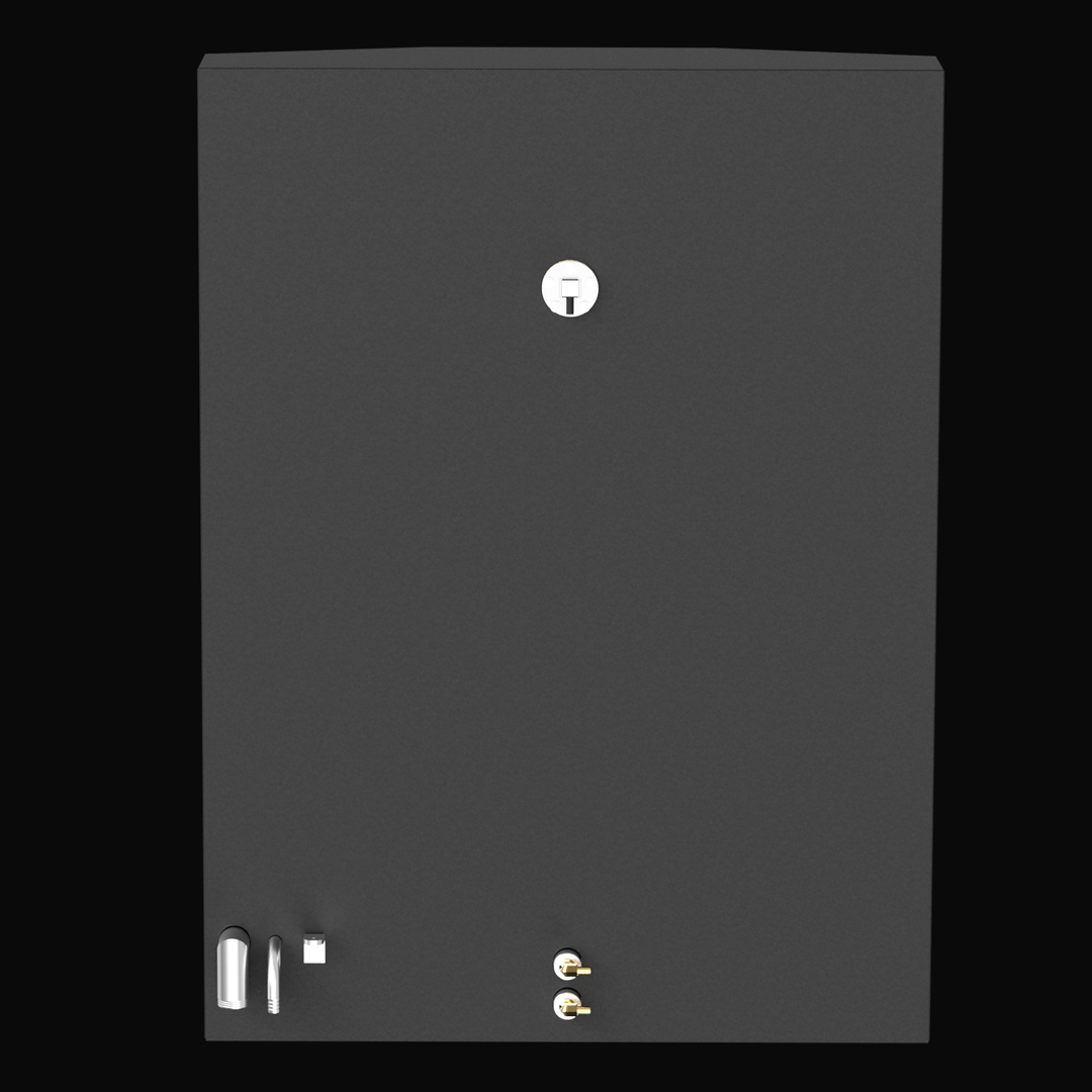 Top-down orthographic view of a black marine fuel tank featuring multiple top-mounted fittings. On the lower left, there are two angled fuel ports and a capped outlet. In the center is a circular fuel level sender, and near the bottom-right are two brass fuel line connectors.