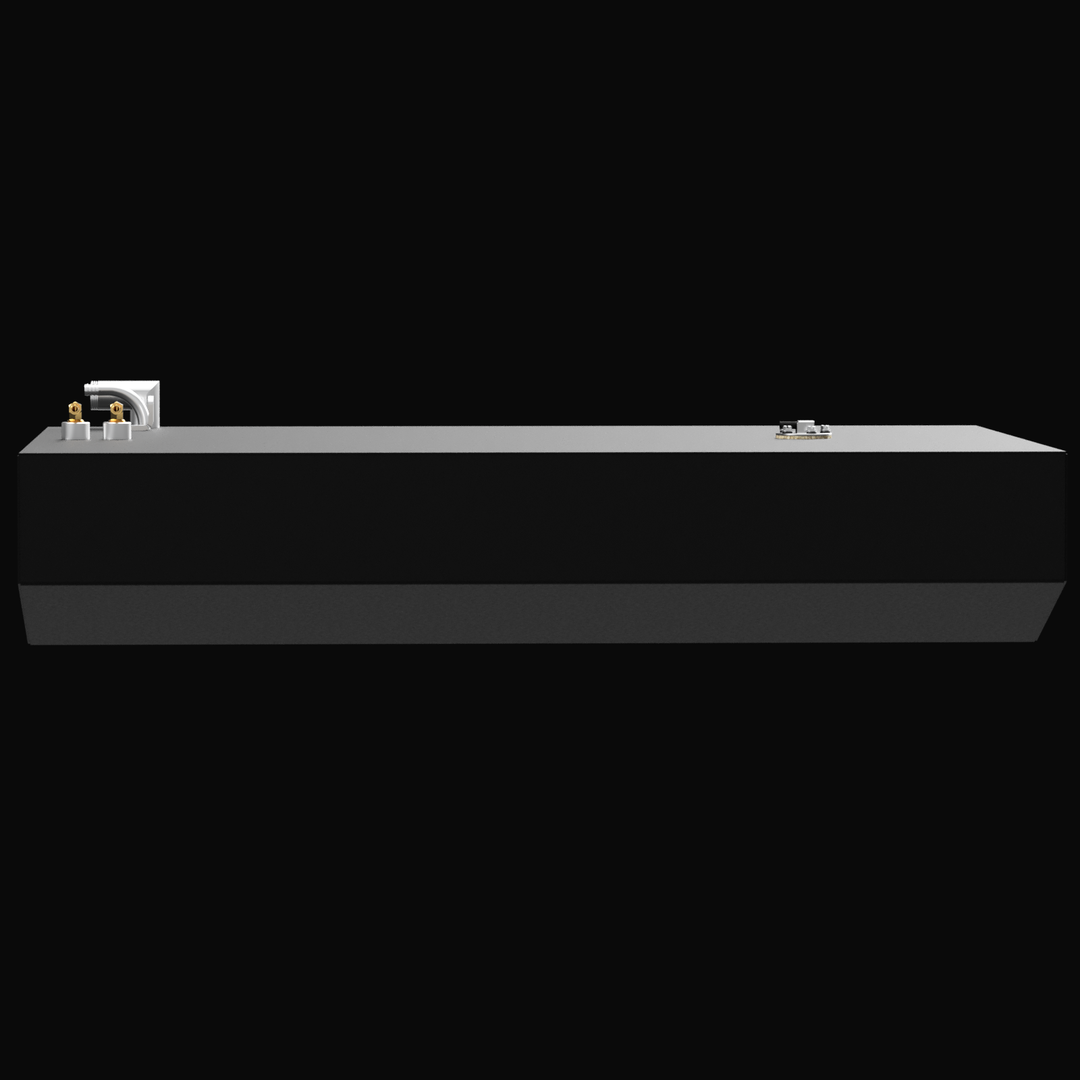 Front orthographic view of a black marine fuel tank featuring a flat top surface with a central access port and fuel fittings concentrated near the left edge. The fittings include brass elbows and a silver fuel line connection, while the tank has a subtle beveled lower edge for fitment.