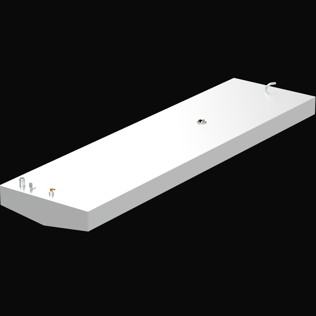 A 3D render of a very long, rectangular, white boat fuel tank, shown at an angle. The tank features two clusters of metallic fittings (brass and silver) on its top surface, and a faceted corner at the near end, against a black background.
