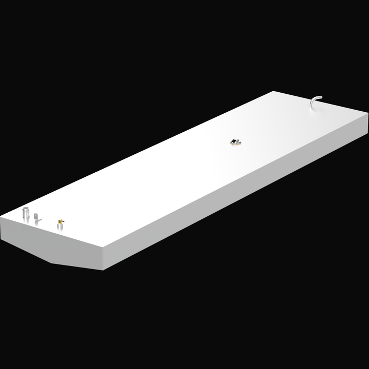 A 3D render of a very long, rectangular, white boat fuel tank, shown at an angle. The tank features two clusters of metallic fittings (brass and silver) on its top surface, and a faceted corner at the near end, against a black background.