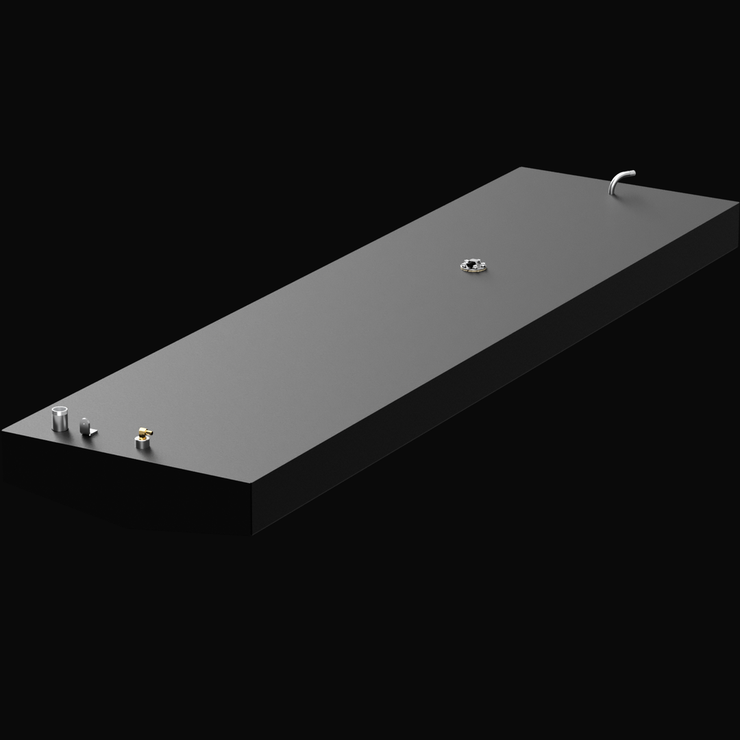 A 3D render of a very long, rectangular, dark grey boat fuel tank, shown at an angle. The tank features three distinct clusters of metallic fittings on its top surface, against a black background.