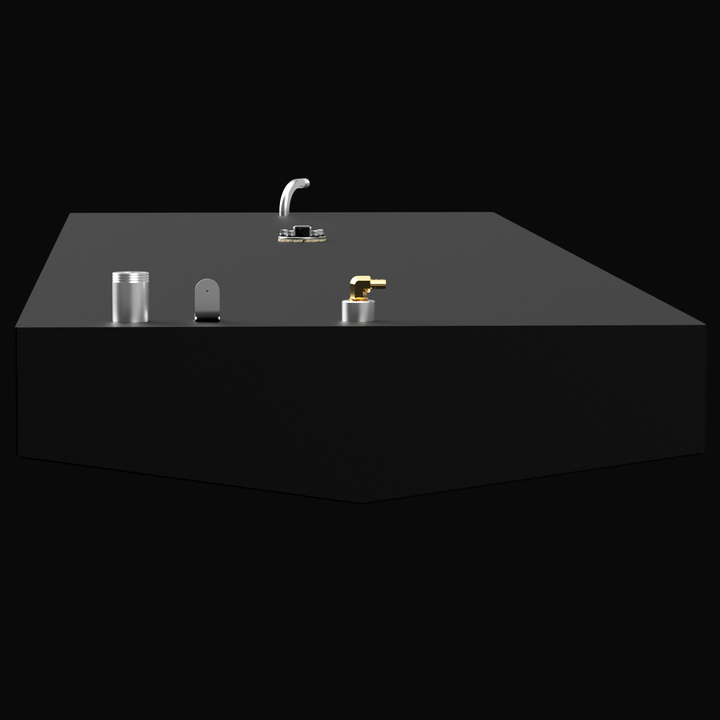 A 3D render showing the profile view of a dark grey boat fuel tank with a V-shaped or faceted bottom. Various brass and silver-colored fittings are visible on the top surface, including a cylindrical cap and curved pipe, against a black background.