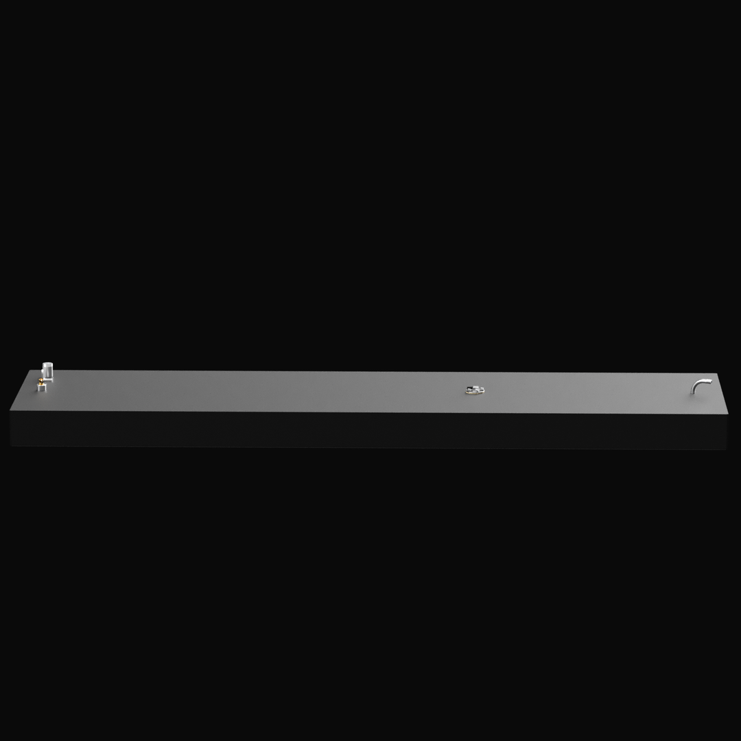 A 3D render showing a long side profile of a dark grey boat fuel tank, highlighting the three distinct clusters of metallic fittings visible on the top edge, against a reflective black background.