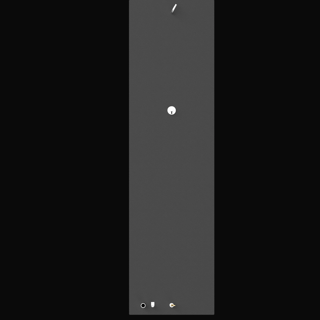 A direct top-down 3D render of a very long, rectangular, dark grey boat fuel tank, showing three distinct clusters of fittings on its top surface, including a central circular fitting, a curved pipe fitting at the top end, and small brass and silver fittings at the bottom end, all against a black background.