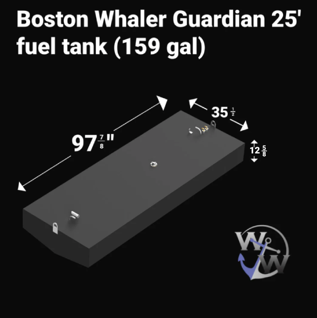 Boston Whaler Guardian 25 with a 159-gallon fuel tank, built for long-range offshore missions and providing reliable fuel storage for commercial and recreational use