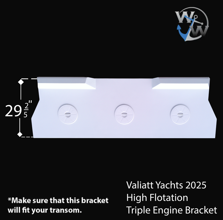 Diagram of the Valiatt Yachts 2025 High Flotation Triple Engine Bracket, featuring dimensions of 29.5 inches in length and 21.5 inches in height