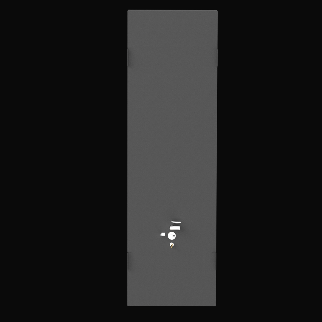 A direct top-down 3D render of a long, rectangular, dark grey boat fuel tank, showing a cluster of silver and brass-colored fittings near one end, and four mounting tabs along the side edges, all against a black background.