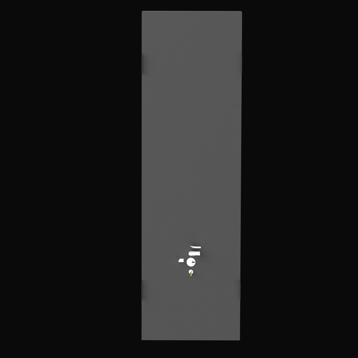 A direct top-down 3D render of a long, rectangular, dark grey boat fuel tank, showing a cluster of silver and brass-colored fittings near one end, and four mounting tabs along the side edges, all against a black background.