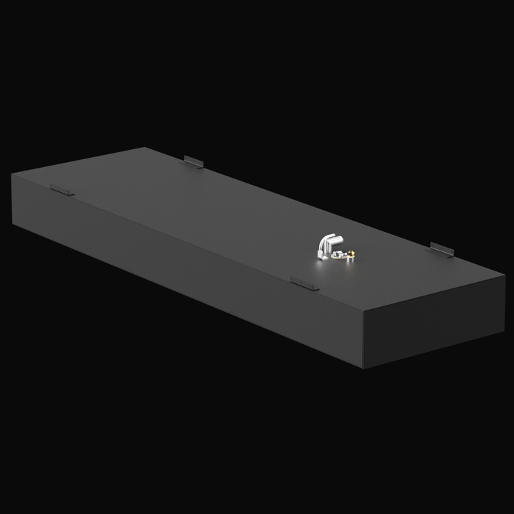 A 3D render of a long, rectangular, dark grey boat fuel tank, shown at an angle. The tank features a cluster of silver and brass-colored fittings and four small mounting tabs on the top surface, against a black background.
