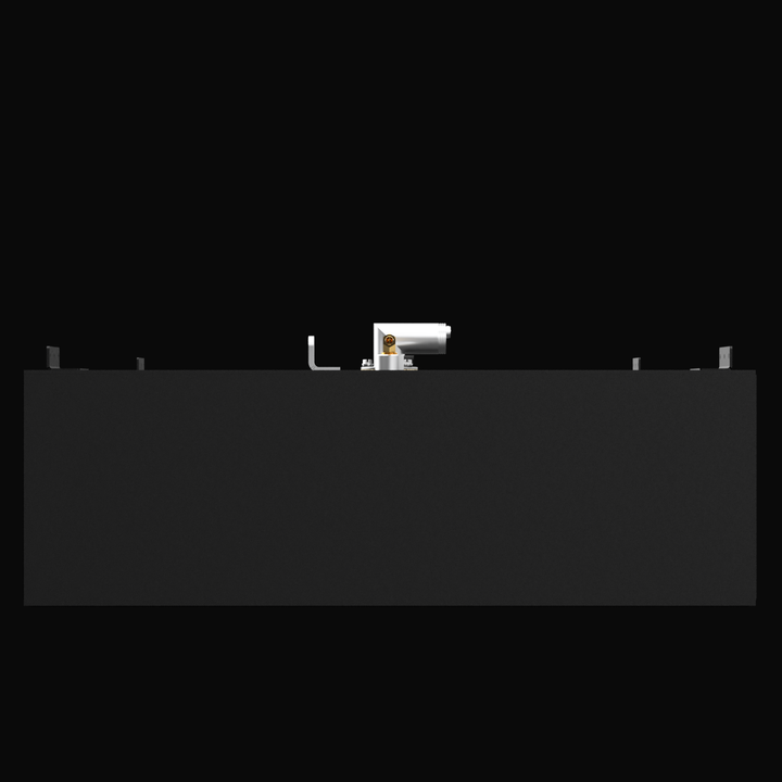 A 3D render showing a side profile of a long, dark grey boat fuel tank, highlighting the silver and brass-colored fittings and mounting tabs visible along the top edge, against a black background.