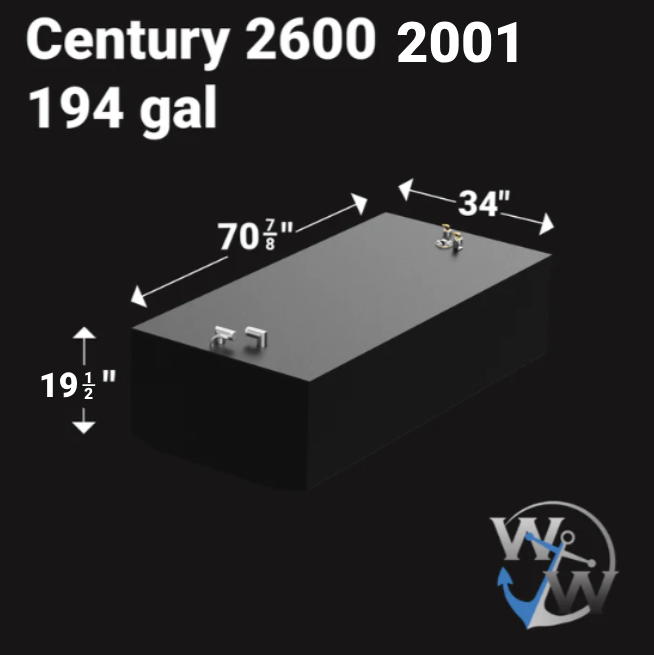 2001 Century 2600 with a 194-gallon fuel tank, designed for offshore fishing and long-range cruising with a robust and durable construction