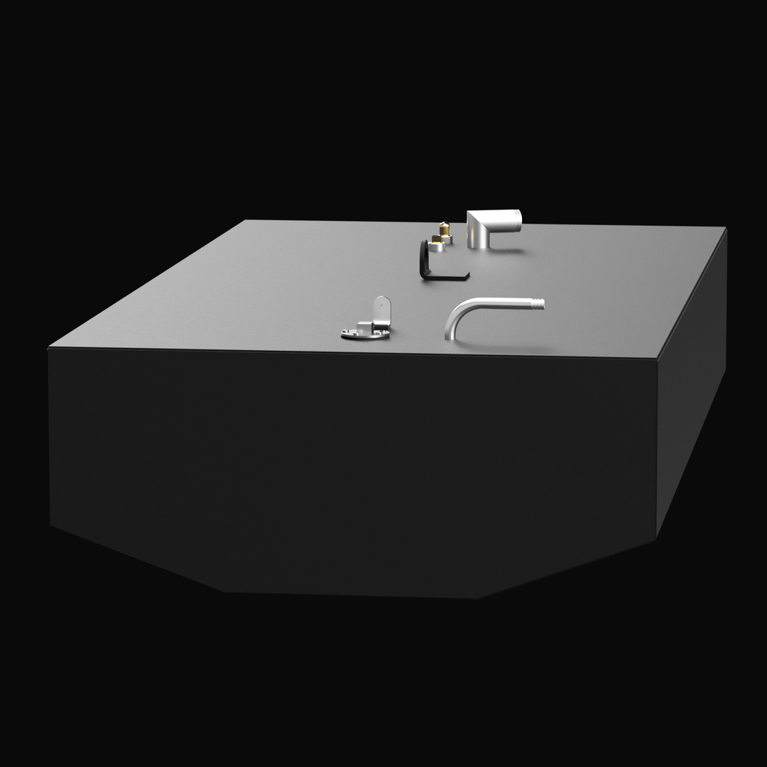 3D rendered image of a black OEM replacement fuel tank shown at an angle against a black background. The tank is rectangular with a slanted front edge. The top surface features multiple fittings and attachments in silver and brass colors. No text or logos are present