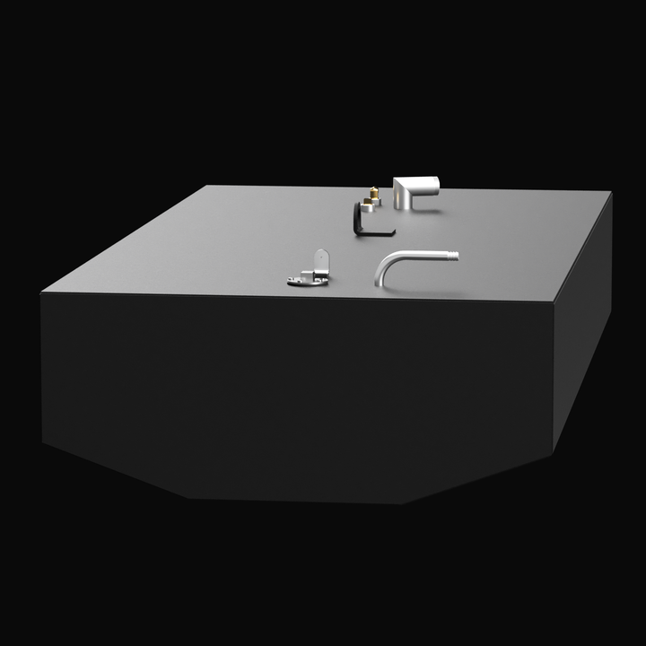 3D rendered image of a black OEM replacement fuel tank shown at an angle against a black background. The tank is rectangular with a slanted front edge. The top surface features multiple fittings and attachments in silver and brass colors. No text or logos are present