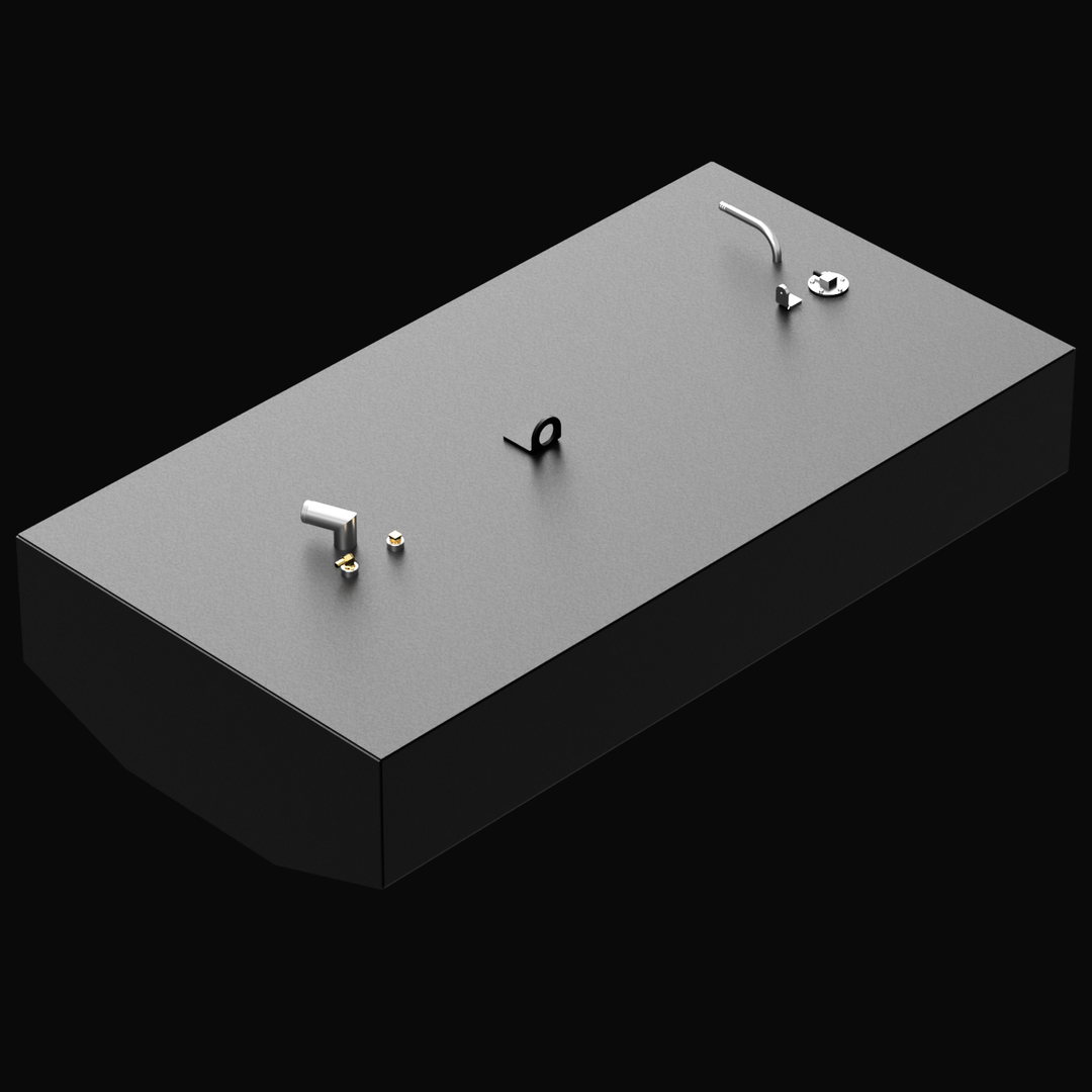 3D rendered image of a rectangular black OEM replacement fuel tank with a textured matte gray top surface. The tank has a slanted front edge. The top includes fittings in silver and brass colors, as well as a black mounting bracket near the center. The image is shown at an angle with a solid black background.