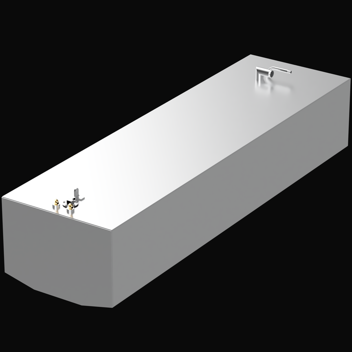 A 3D render of a long, rectangular, light grey boat fuel tank, shown at an angle. The tank features two clusters of metallic fittings on its top surface, against a black background.