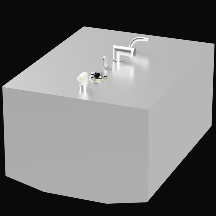 A 3D render of a boxy, light grey boat tank with faceted edges, showing a large cluster of silver, white, and brass-colored fittings on its top surface, against a black background.