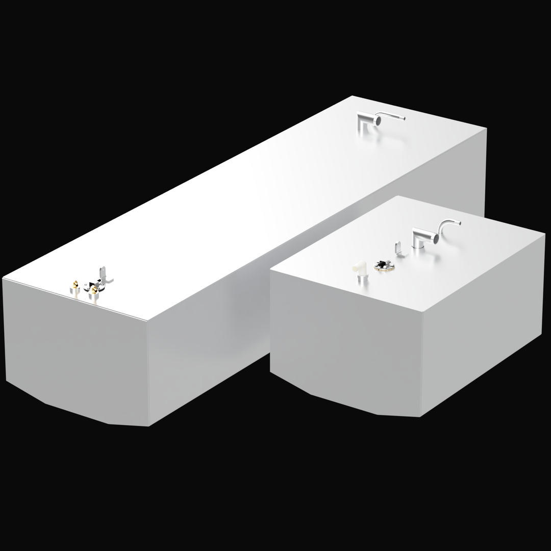 A 3D render of the Combo Grady-White 24 Offshore OEM replacement tank set, featuring one long 118-gallon fuel tank and one shorter 44-gallon auxiliary tank. The light grey tanks are shown at an angle with various fittings on top, against a black background.