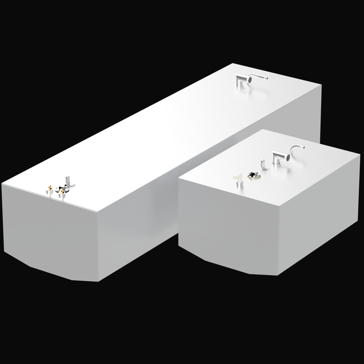 A 3D render of the Combo Grady-White 24 Offshore OEM replacement tank set, featuring one long 118-gallon fuel tank and one shorter 44-gallon auxiliary tank. The light grey tanks are shown at an angle with various fittings on top, against a black background.