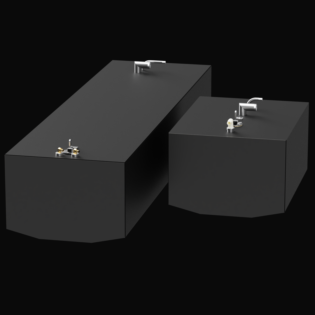 A 3D render of a two-part boat tank combo, showing a long, dark grey tank and a shorter, boxier dark grey tank, both with various silver and brass-colored fittings on top, angled against a black background.