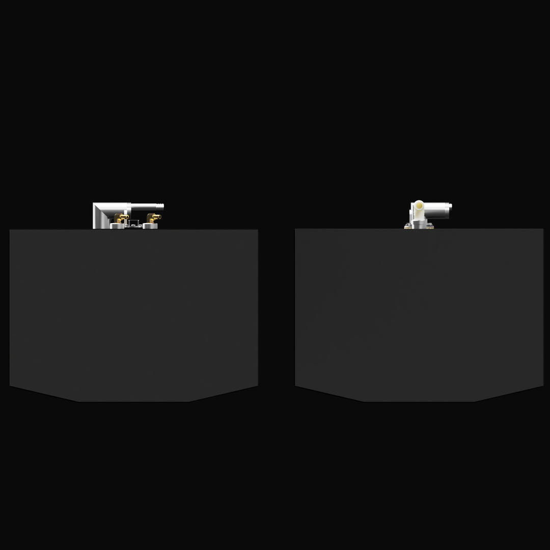 A 3D render showing the profile view of a two-tank combo set, with both dark grey tanks featuring a faceted bottom and a cluster of fittings on the top edge, against a black background.