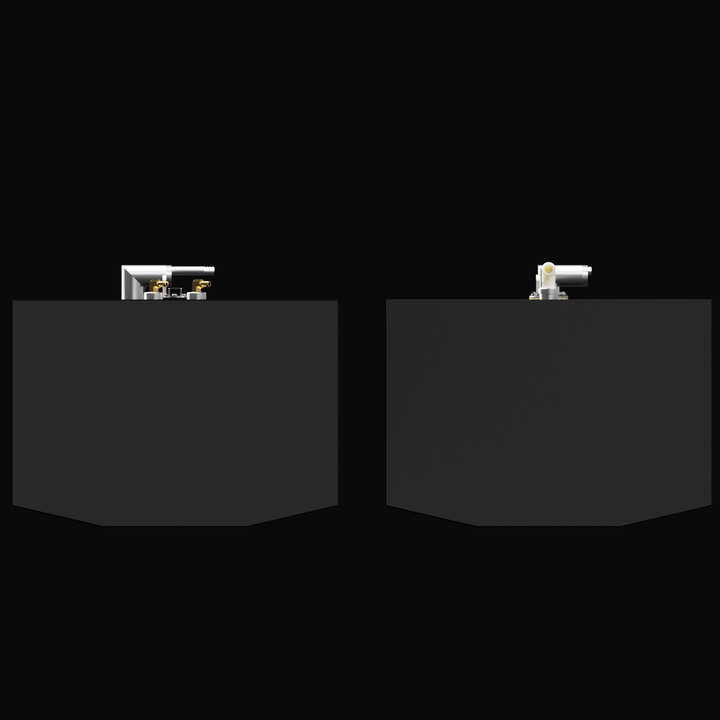 A 3D render showing the profile view of a two-tank combo set, with both dark grey tanks featuring a faceted bottom and a cluster of fittings on the top edge, against a black background.