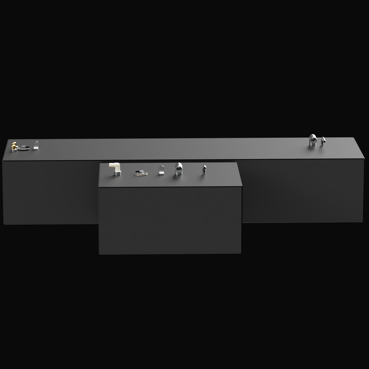 A direct top-down 3D render of a dark grey two-part boat tank system, showing the long main tank and a shorter attached tank section, both with various silver and brass-colored fittings on top, against a black background.