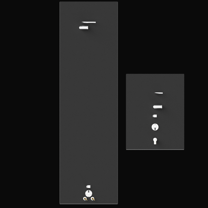 A direct top-down 3D render of a dark grey two-part boat tank system (one long, one short), showing the various silver and brass-colored fittings on the top surface of both tanks, against a black background.
