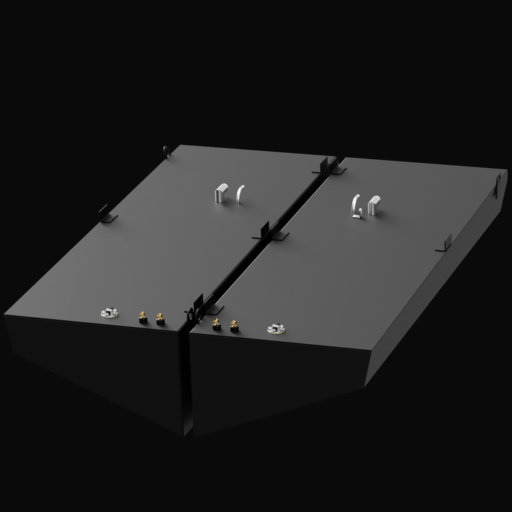 3D render of two large black rectangular marine fuel tanks side-by-side on a black background. Each tank has beveled front edges, lifting brackets, vents, fuel fills, sending units, and mounting tabs visible on top.