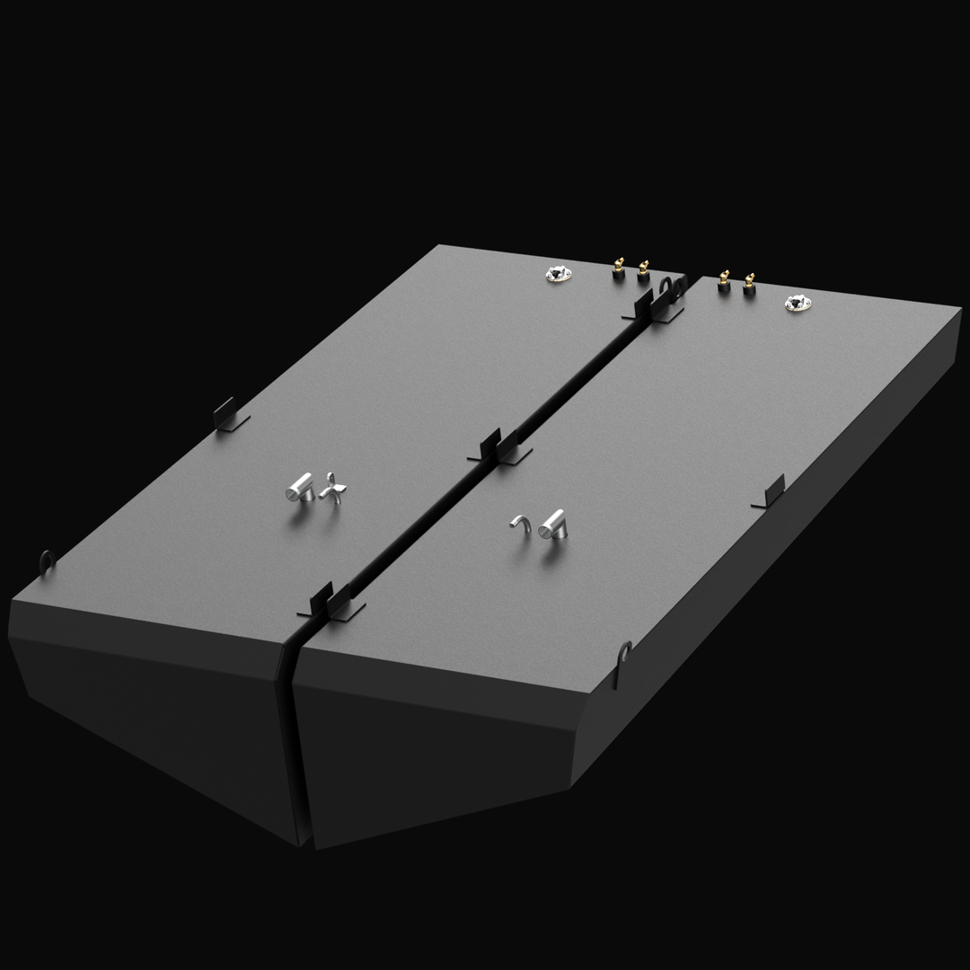 3D rendering of two large matte black rectangular fuel tanks side by side, labeled as port and starboard. Each tank has multiple fittings on the top surface, including vents, fuel fills, sending units, and mounting brackets. The tanks feature welded mounting tabs and lifting points along the edges, designed for secure installation and handling. The surface texture is matte black with a smooth finish. The tanks are shown on a black background, viewed at an angle highlighting their top and front sides.