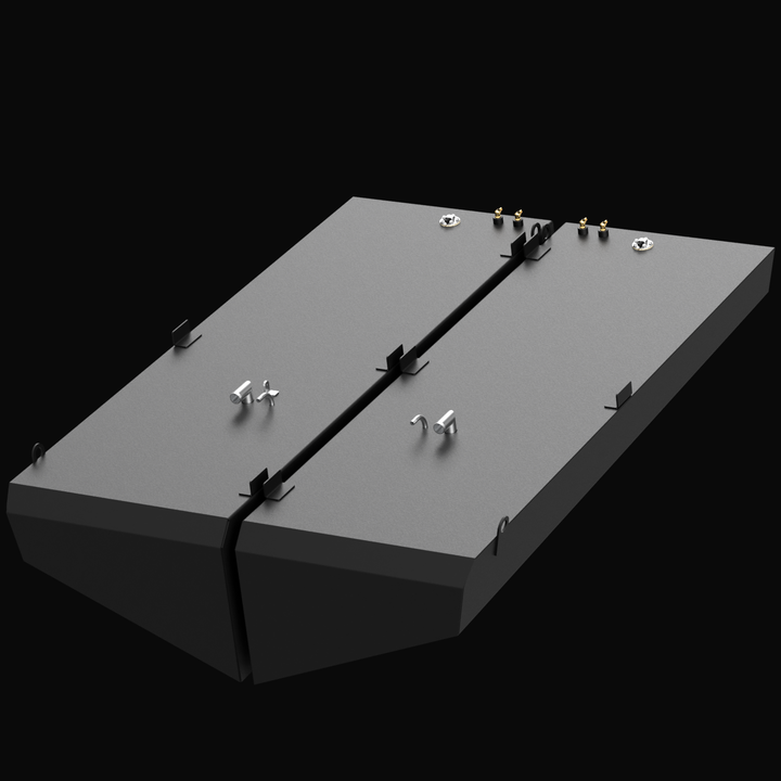 3D rendering of two large matte black rectangular fuel tanks side by side, labeled as port and starboard. Each tank has multiple fittings on the top surface, including vents, fuel fills, sending units, and mounting brackets. The tanks feature welded mounting tabs and lifting points along the edges, designed for secure installation and handling. The surface texture is matte black with a smooth finish. The tanks are shown on a black background, viewed at an angle highlighting their top and front sides.
